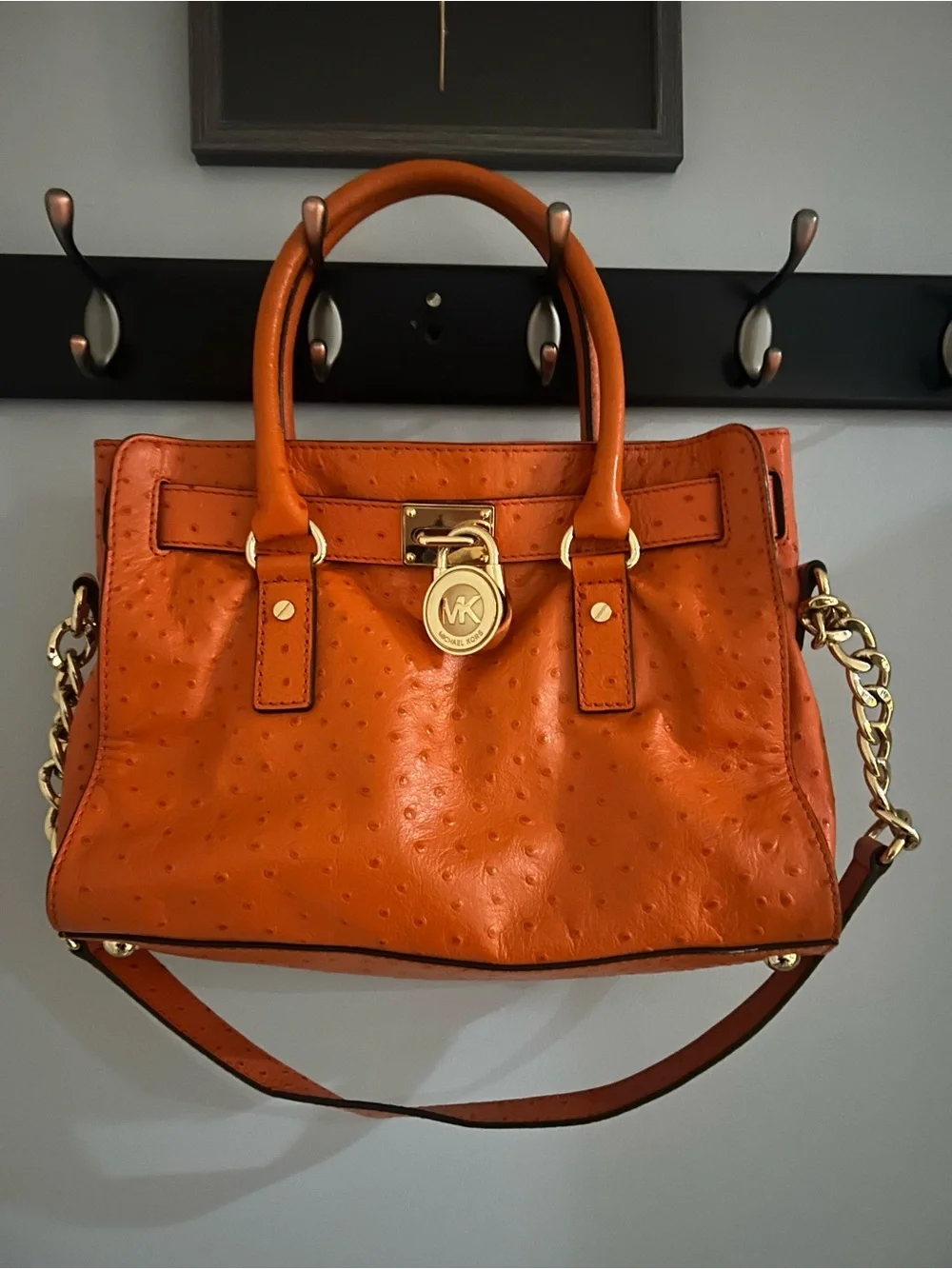 Michael Kors Orange Textured Leather Satchel with Gold-Tone Lock